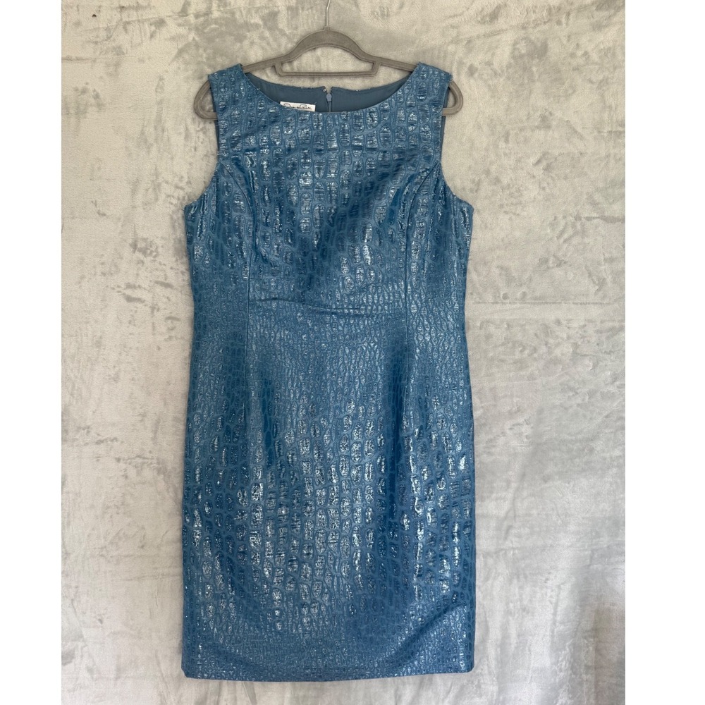Oscar de la Renta Metallic Blue Croc Embossed Silk Blend Sheath Dress Size 14